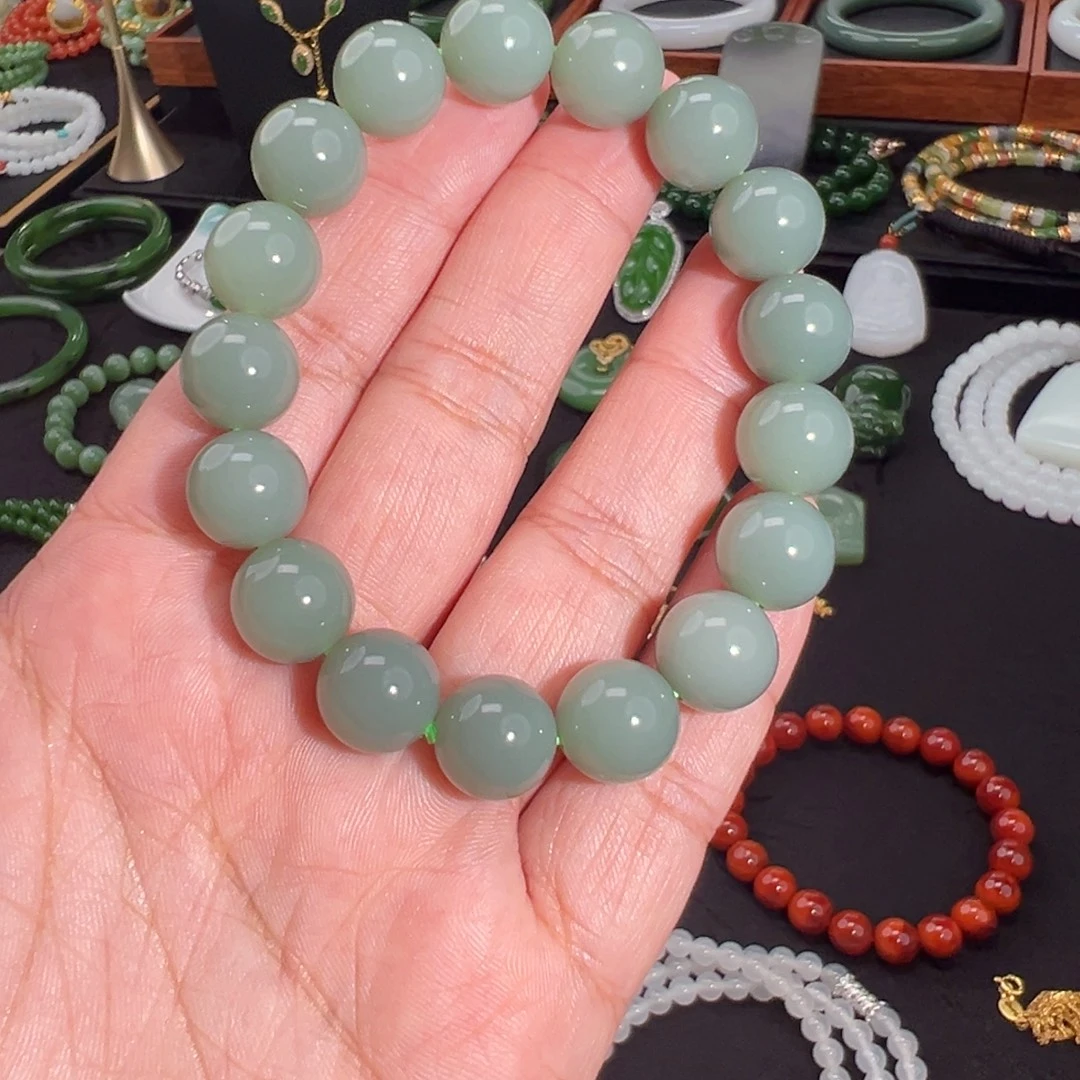 和田玉（碧玉）未镶嵌手串瓷蓝12mm手串