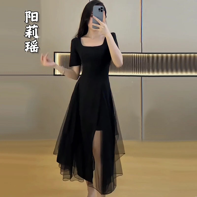 黑色高级感纱裙女夏季2025新款气质高端网红爆款显身材超火连衣裙