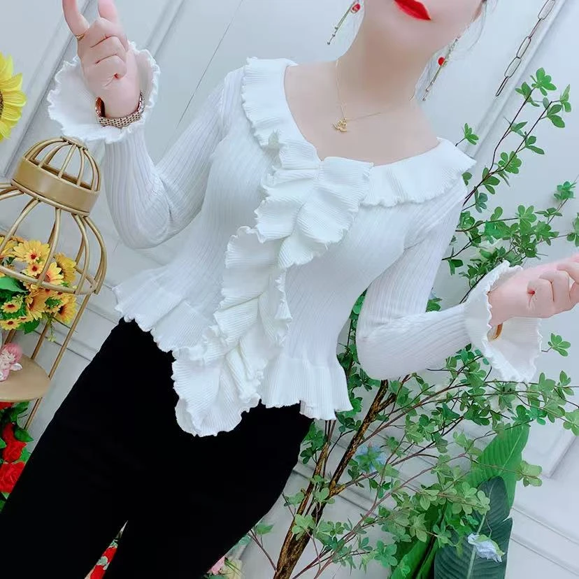 法式荷叶边v领针织衫女早秋2025新款修身显瘦内搭打底衫长袖上衣