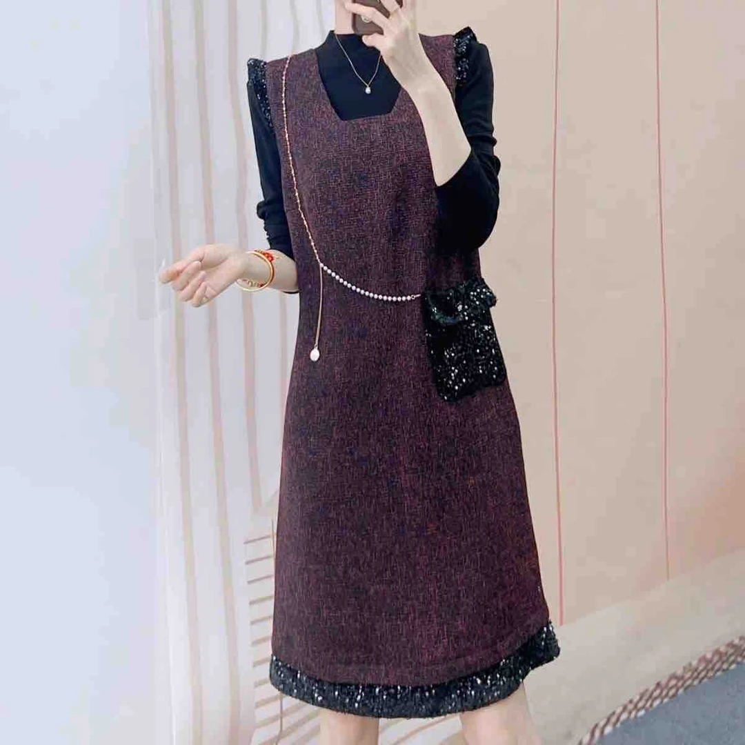 A1350秋冬季高领通勤茶歇裙套装连衣裙轻奢中长款气质轻熟风套装