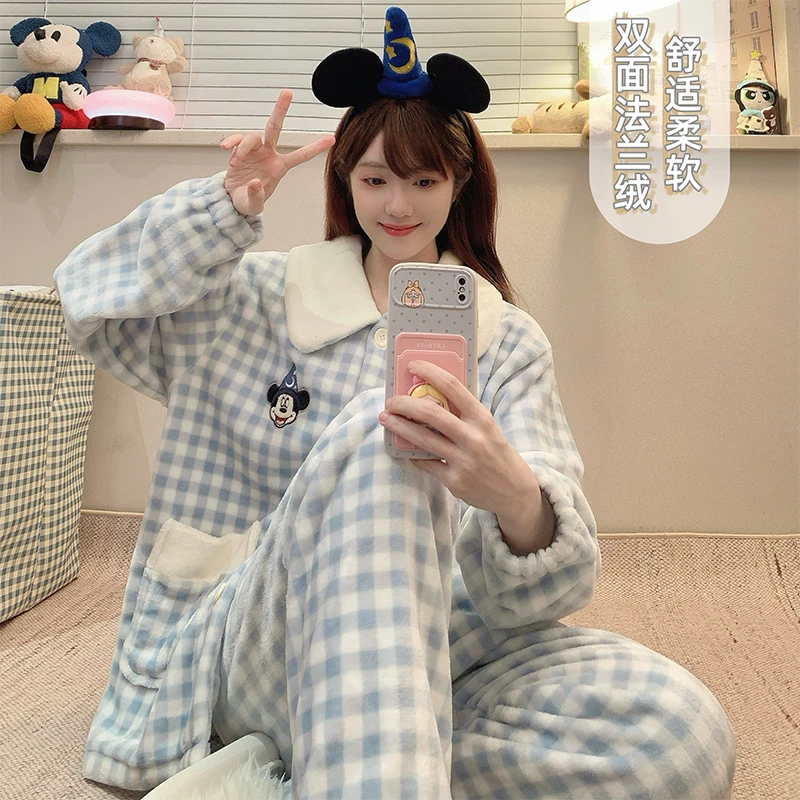冬季新款大翻领法兰绒加厚加绒柔软印花开衫长袖长裤套 睡衣女