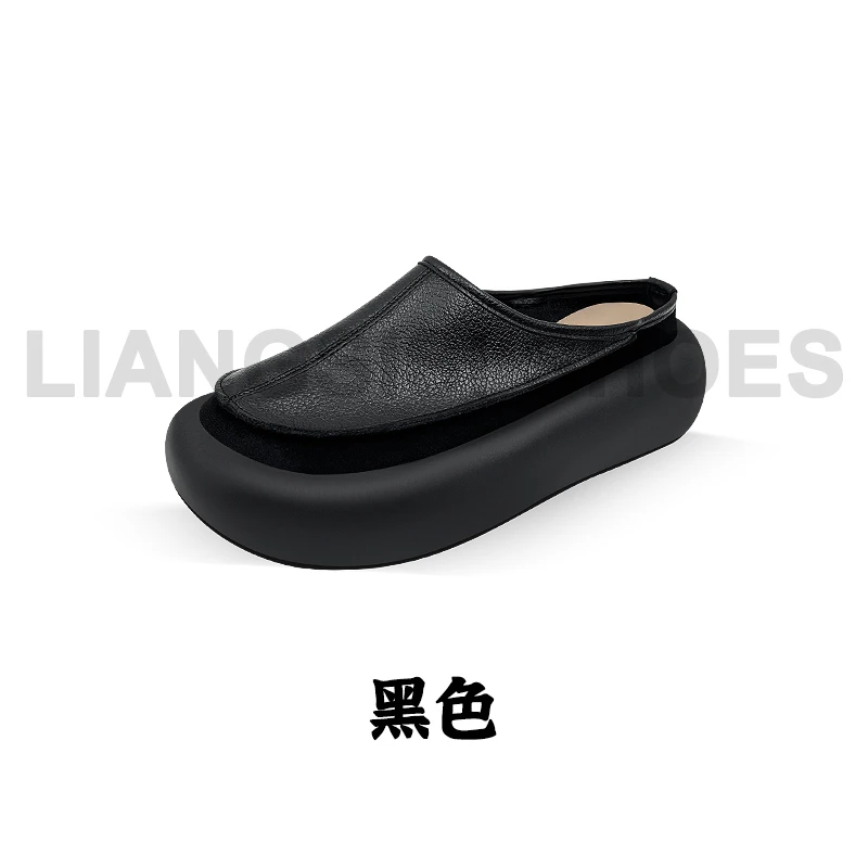 简约日常包头修面皮高跟纯色复古包头拖半拖平底凉鞋舒适-2033