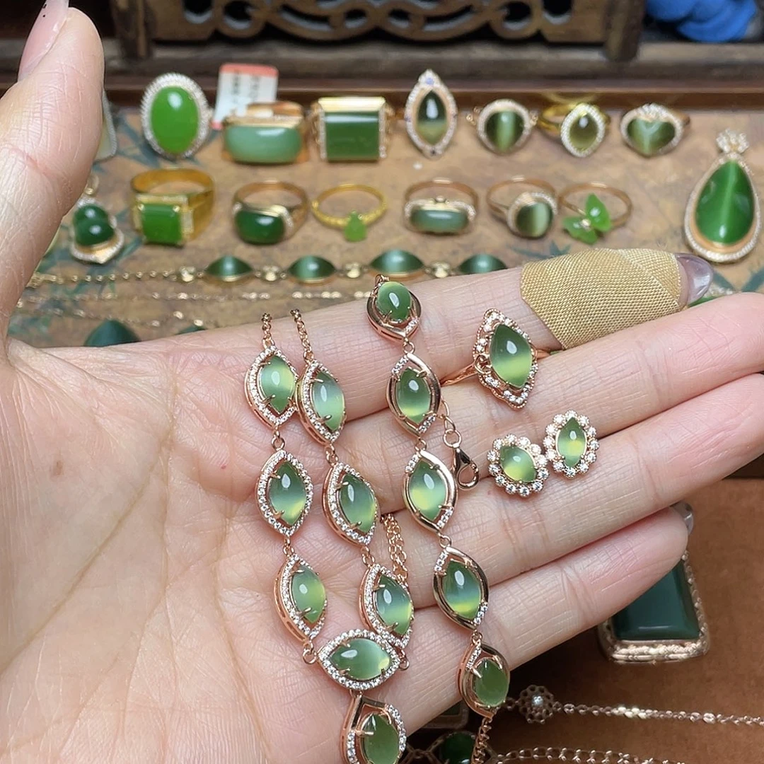 和田玉（碧玉）银S925镶嵌吊坠(不含链)套装