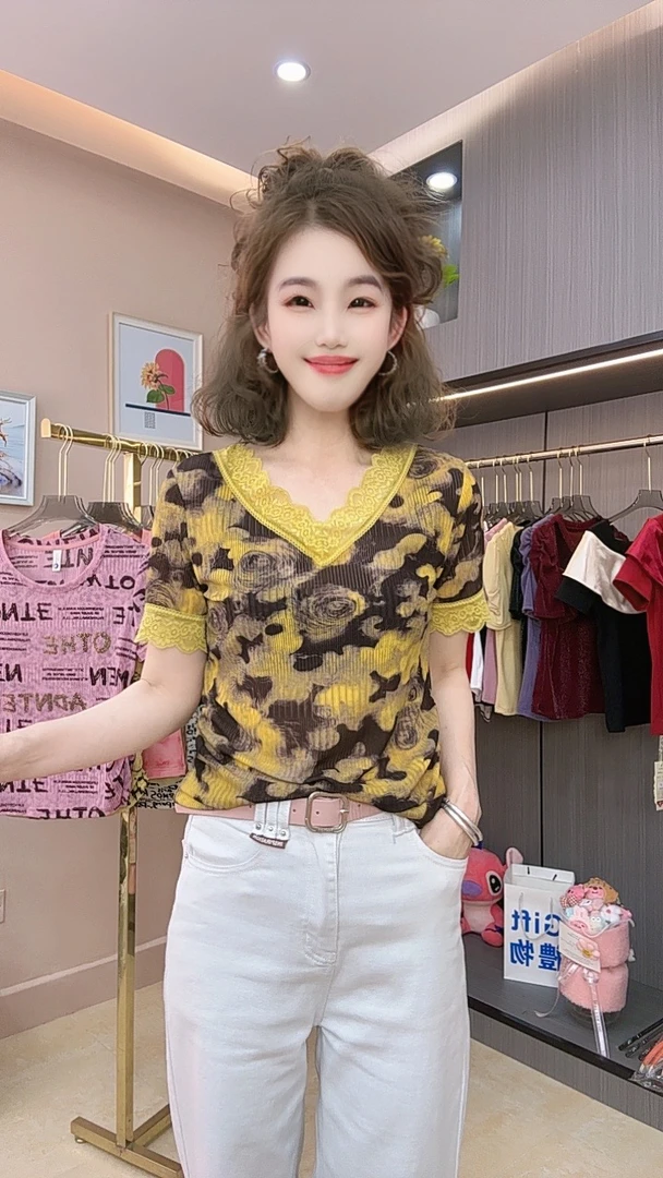 夏季新款2025修身显瘦V领拼接撞色女装短袖时尚洋气气质小衫6089