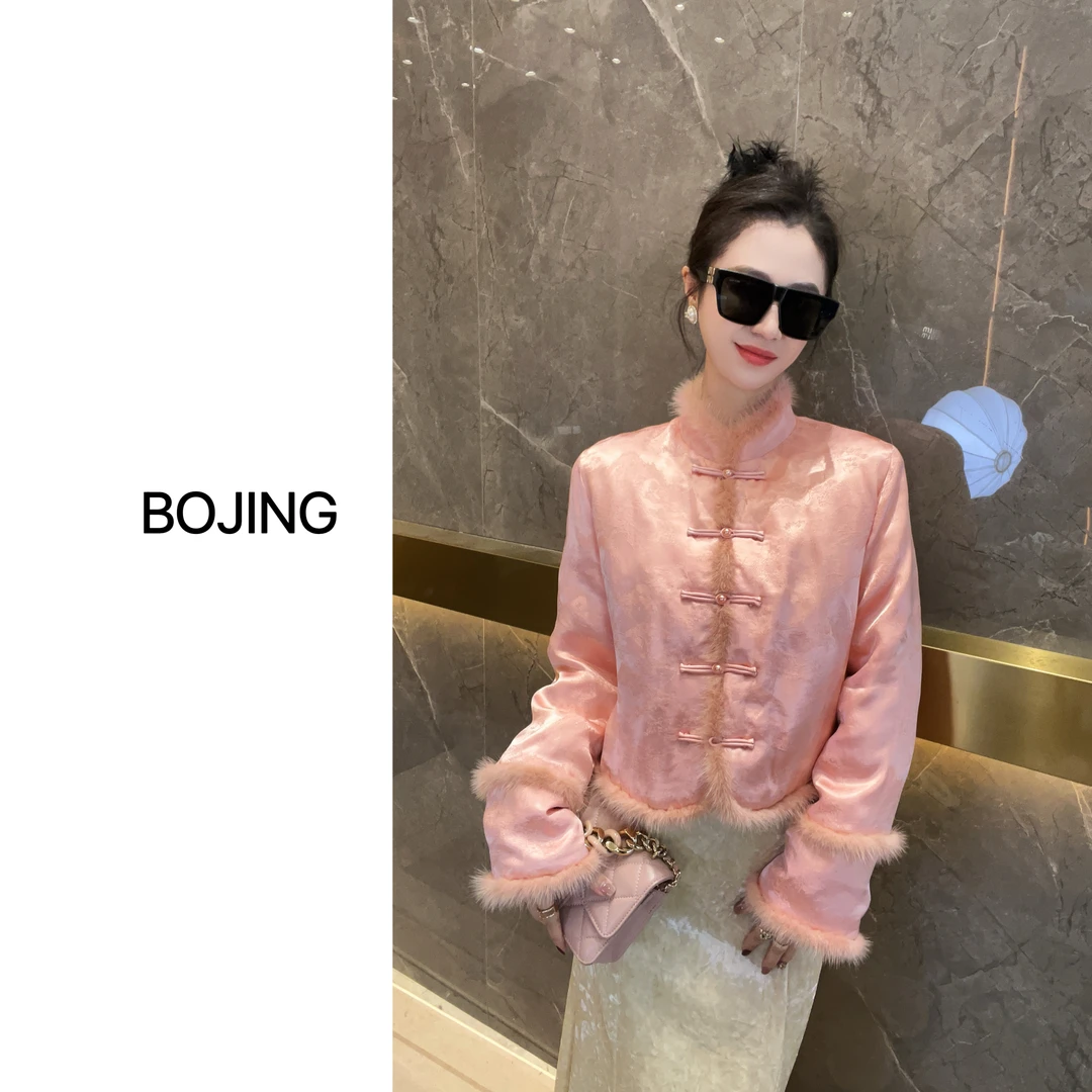 现货【粉黛】新中式水貂毛白鸭绒网红时尚复古ins冬季保暖羽绒服