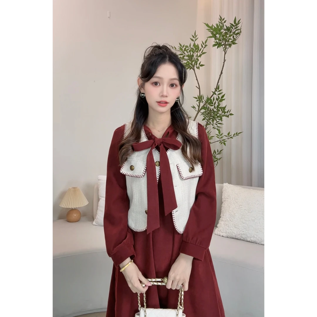 【小蓝严选】小个子红色连衣裙+马夹秋季新款蝴蝶结气质秋冬套装
