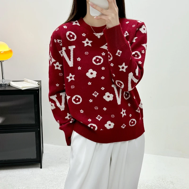 老花V红色秋冬新款针织套头宽松百搭羊毛衫12312