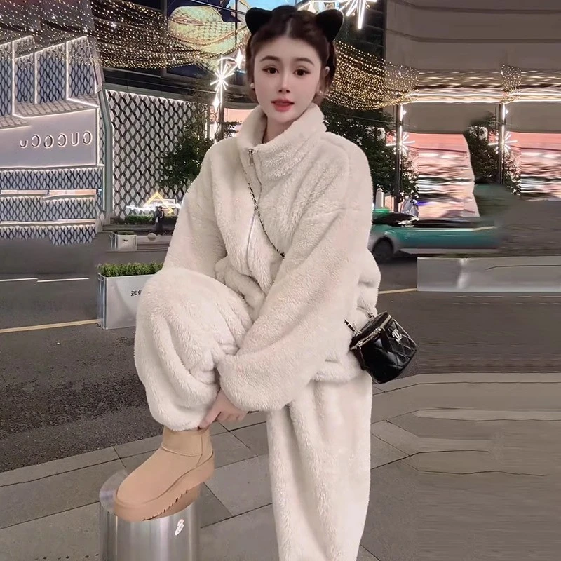 珊瑚绒睡衣女装外套2025冬季新款时尚韩版宽松加厚家居服两件套装