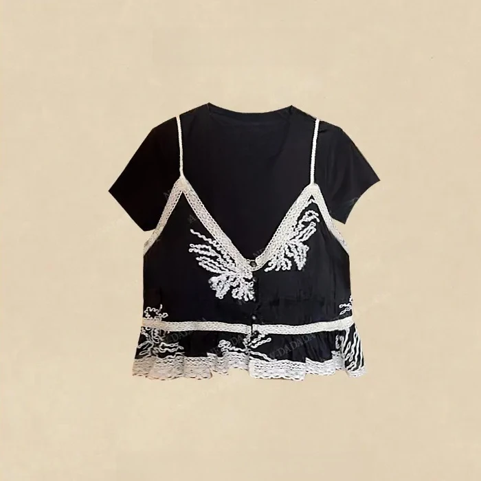 【夏日微醺】时尚休闲修身气质上衣女时尚百搭设计感绣花假两件短袖