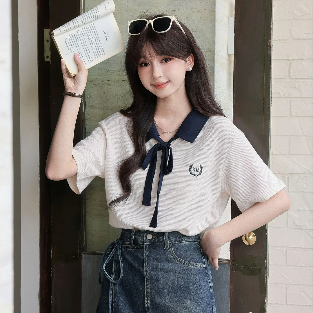 慕兔法式温柔可爱针织系带设计女2025夏季新款翻领百搭显瘦版上衣