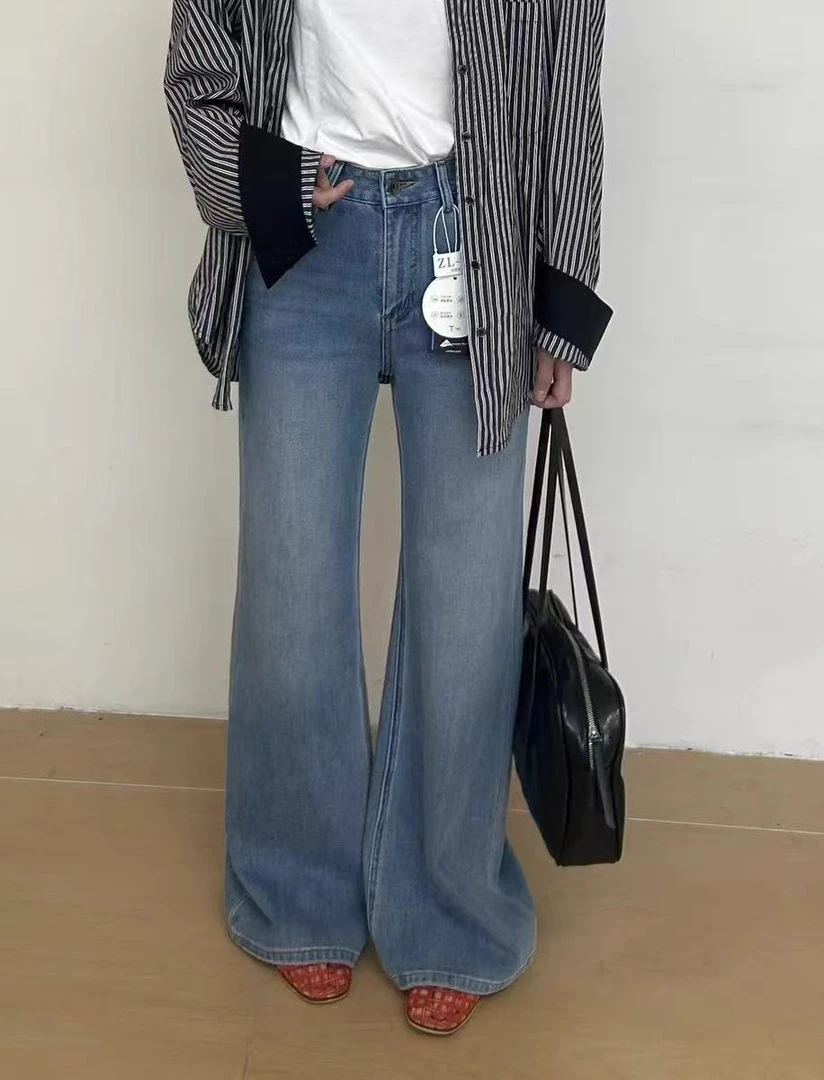【素简】筒喇牛仔裤女春季高腰四面弹宽松显瘦简约拖地喇叭裤21032