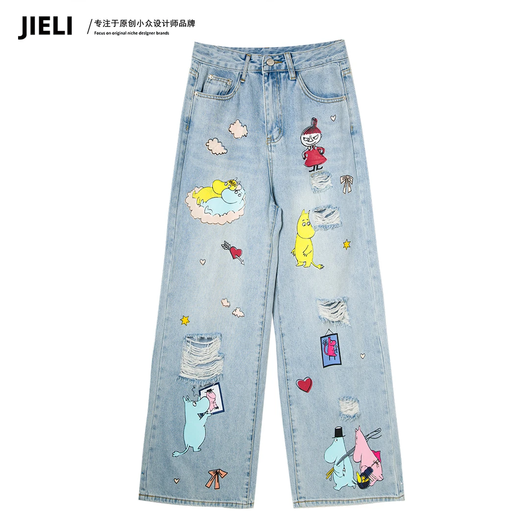 JIE LI/街力原创小众设计师定制款涂鸦蓝色牛仔裤女W783