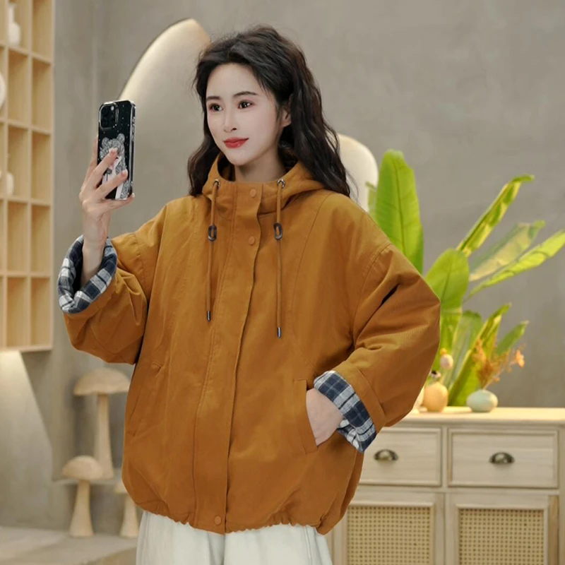 3816 冬季新款加厚复古设计感抽绳连帽棉衣休闲宽松时尚百搭棉服