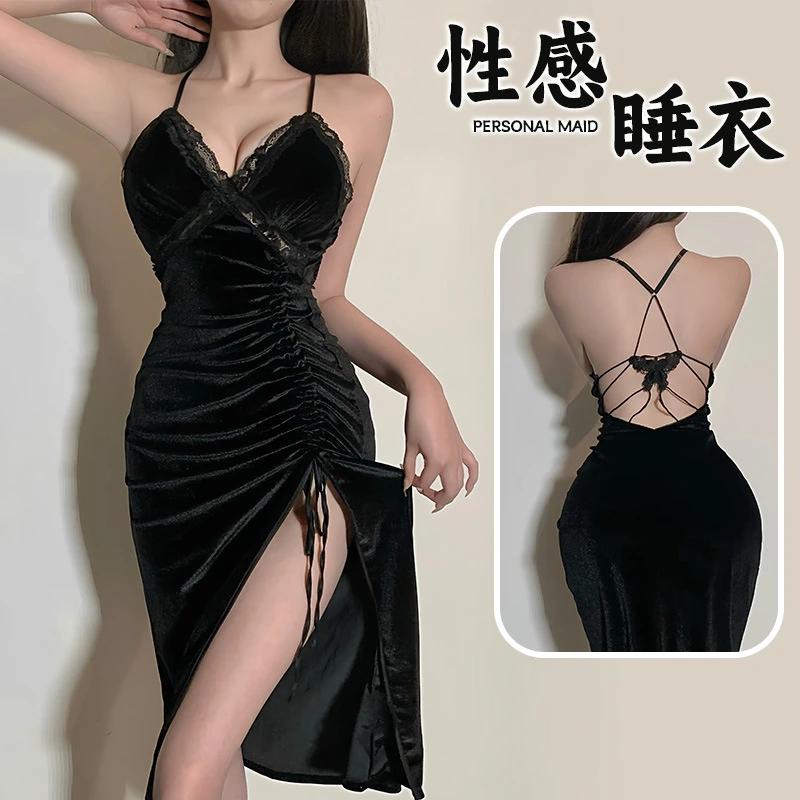 感情调丝绒高开叉吊带睡裙女御姐风性感美背约会睡衣