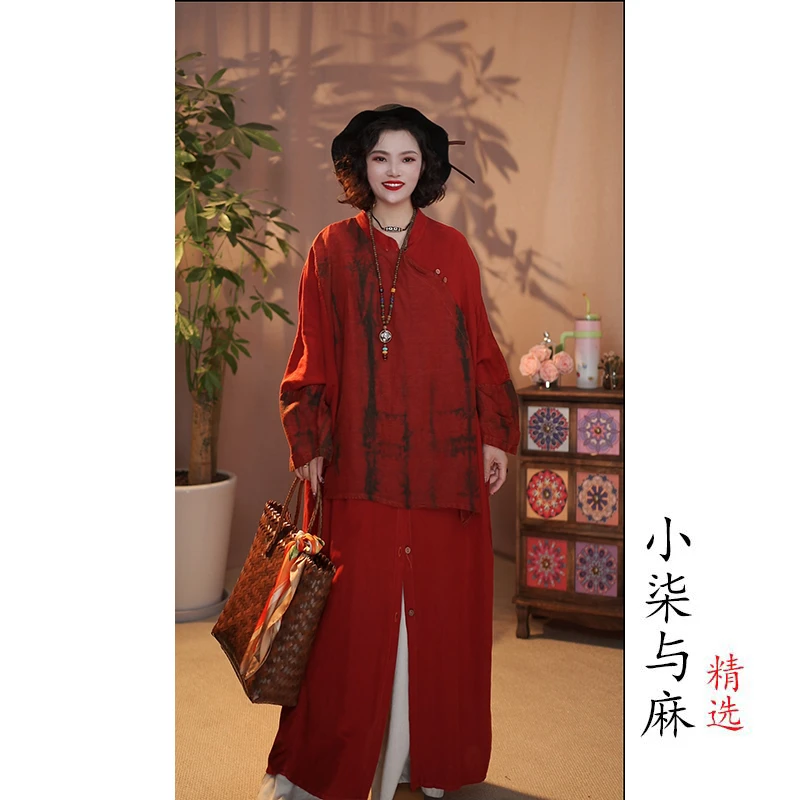【小柒与麻】亚麻扎染假两件裙袍（衣长118胸围150）橘红色