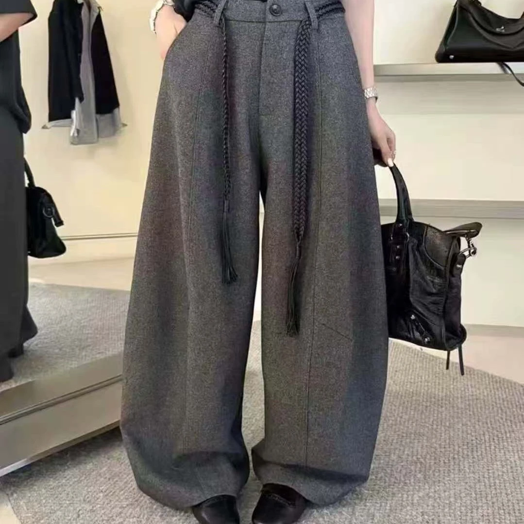 灰色毛呢西装阔腿裤女2025秋季新款高腰直筒拖地弯刀休闲裤