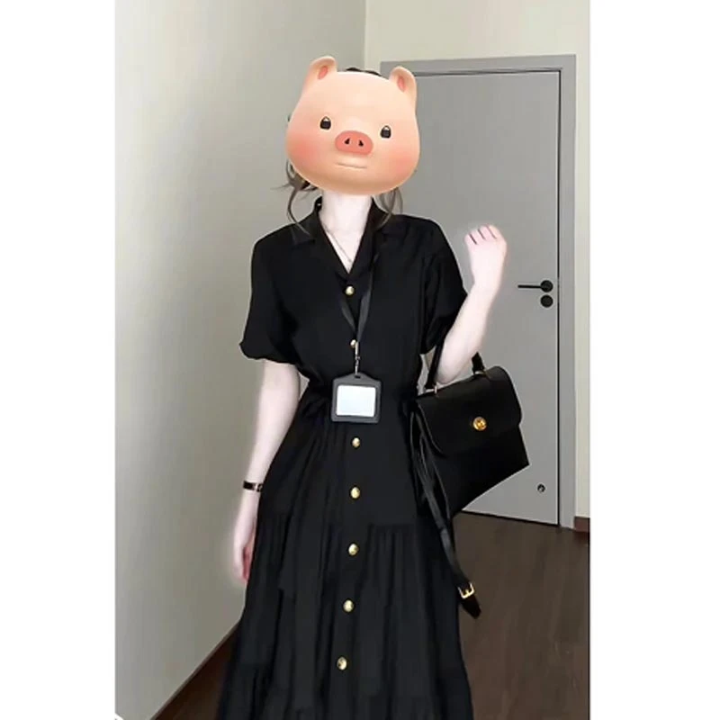 2025夏季新款法式收腰显瘦气质短袖a字连衣裙女小众高级感长裙子