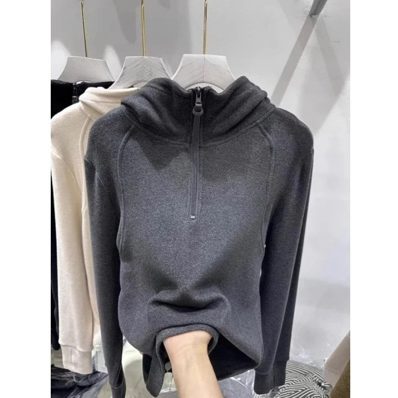 连帽拉链德绒内搭打底衫女冬季韩版宽松小众百搭休闲加厚卫衣外套