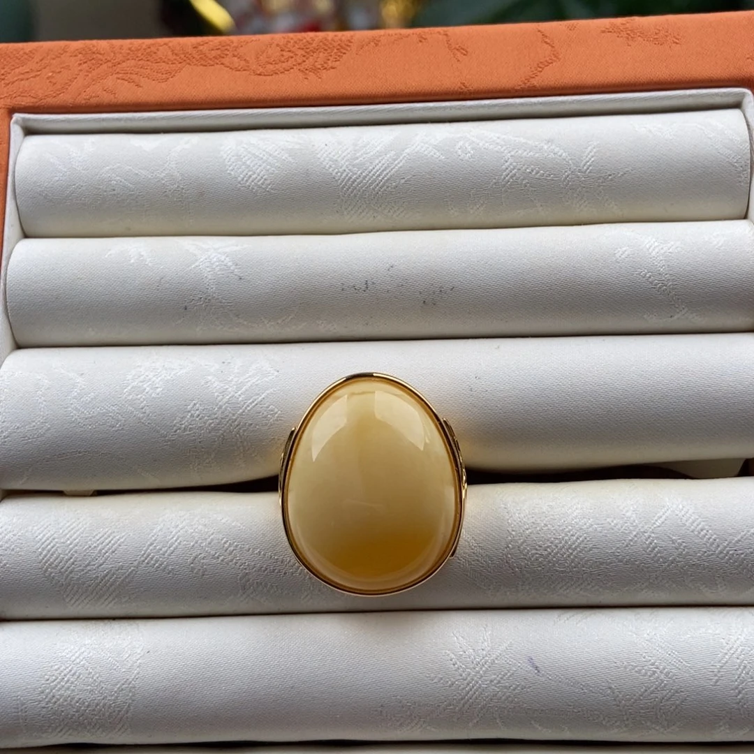 蜜蜡银S925镶嵌戒指白蜡戒指23/18