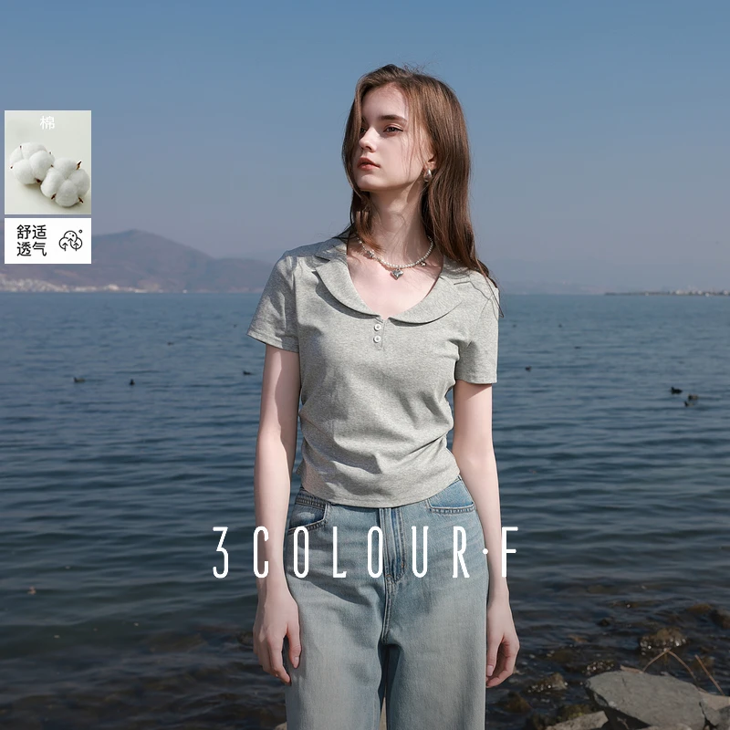 三彩独醒2025夏季新款学院风灰色T恤正肩短袖上衣套头衫短款女F