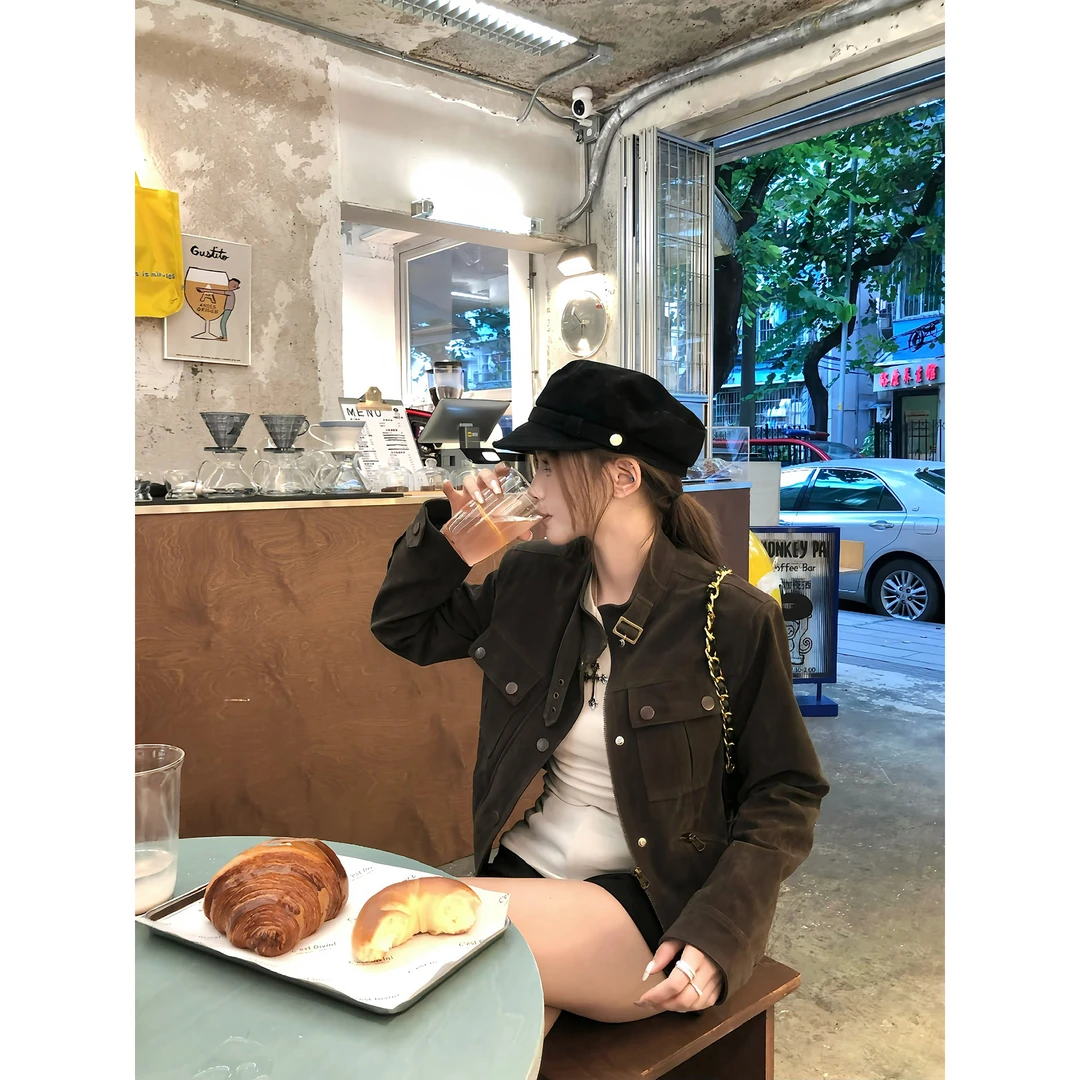 美拉德棕色麂皮绒立领夹克短外套女秋季2025新款复古休闲宽松上衣