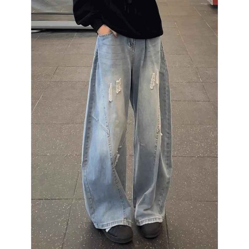 浅蓝色破洞弯刀牛仔裤男夏季薄款美式复古阔腿裤子cleanfit工装裤