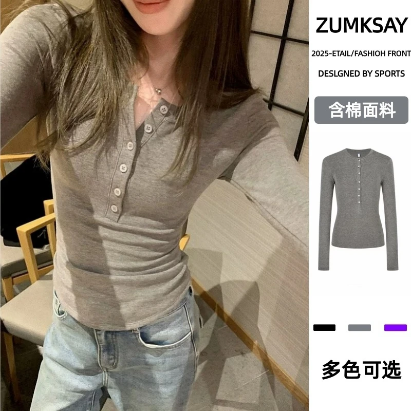 miu系穿搭修身纽扣半开领亨利衫女秋季小众设计感插腰显瘦长袖T恤