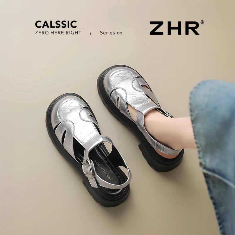 ZHR/则则罗马凉鞋女2025夏新款外穿厚底粗跟猪笼鞋舒适包头洞洞鞋