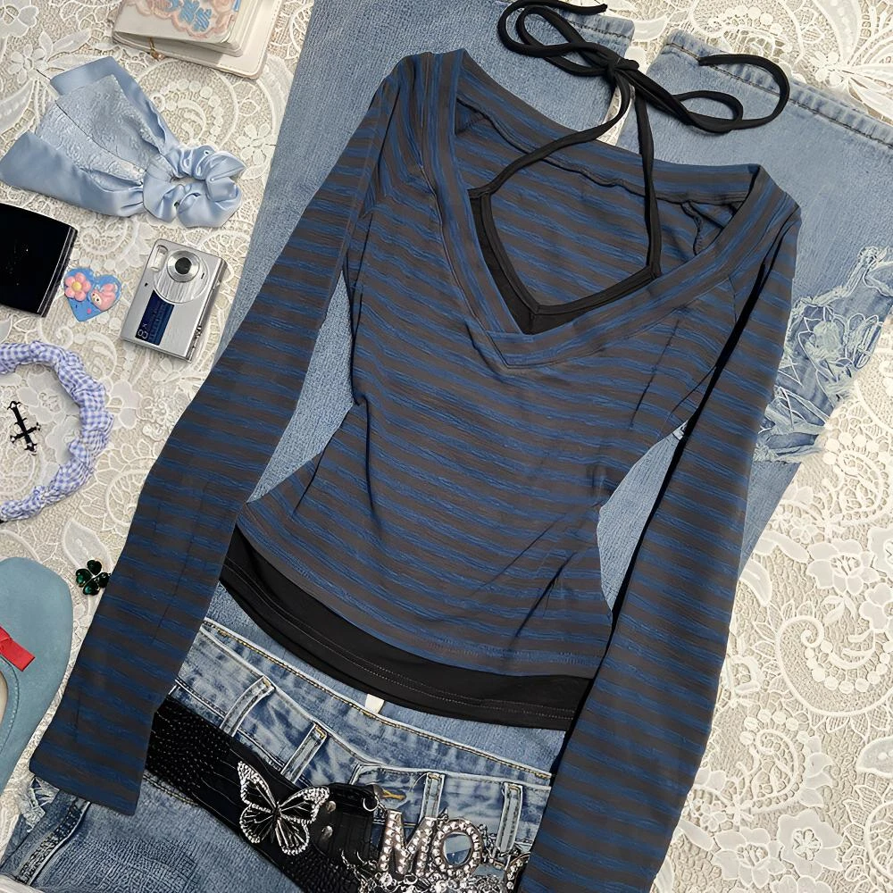 WU敌好看~韩系复古假两件条纹拼接T恤女早秋季新款修身设计感上衣