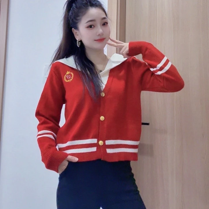 【红红火火】秋韩版时尚百搭学院风海军领减龄宽松撞色针织开衫上衣