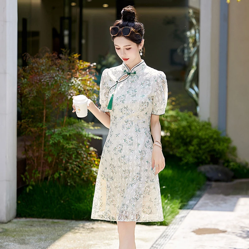 新中式旗袍连衣裙女夏季大码显瘦气质时尚少女风裙子蕾丝小个子
