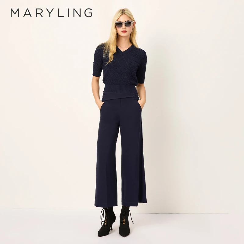 MARYLING玛俪琳2025春季新品深蓝色V领挑孔短袖针织衫A1FBW03560