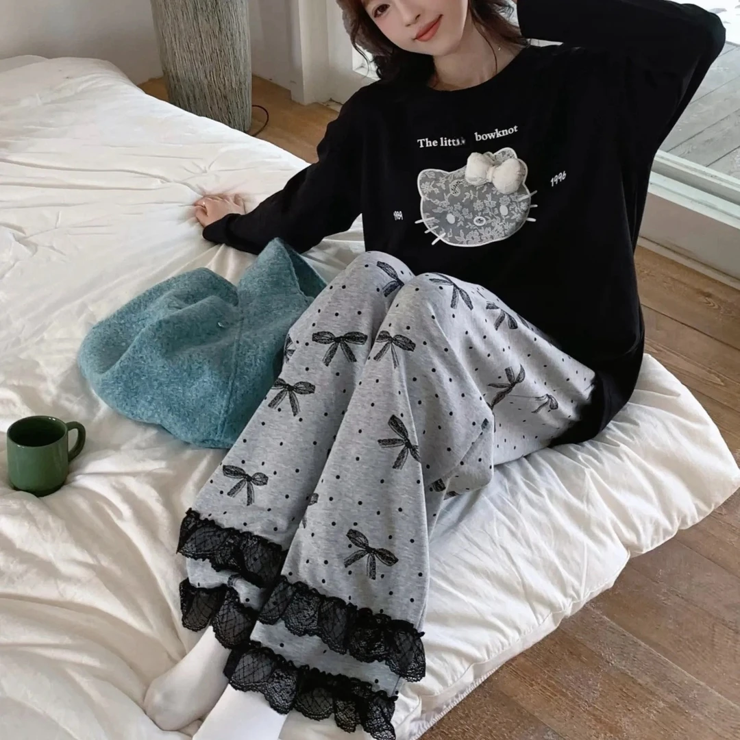 韩版少女甜美可爱卡通蕾丝花边蝴蝶结睡衣女春秋新款休闲居家服