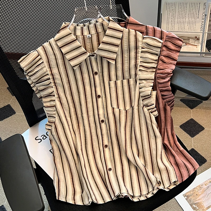 夏季新款时尚飞飞袖女士条纹衬衫宽松百搭雪纺洋气短袖翻领衬衣