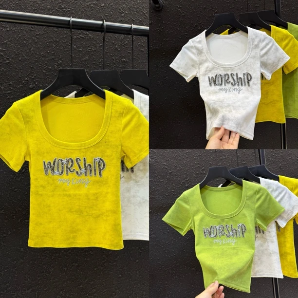 刺绣字母扎染夏季锁骨U领短袖女款2025新款修身显瘦上衣夏234#