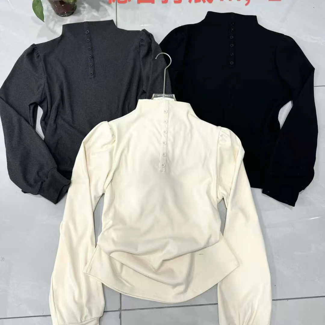 温柔韩系绒感半高领泡泡袖打底衫女洋气休闲长袖T恤2025秋季新款