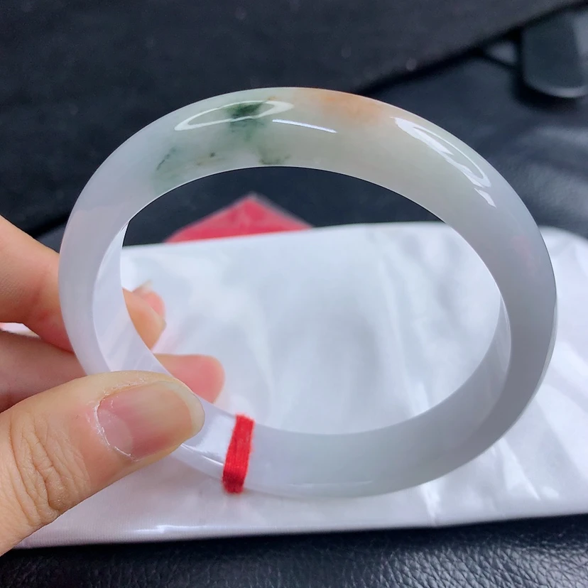 内径62.6mm缅甸天然翡翠A货冰润飘花飘黄翡正圈手镯时尚百搭玉镯