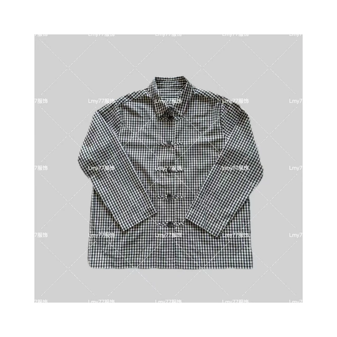 日系中式复古藏蓝色格子100棉定定制翻领衬衫