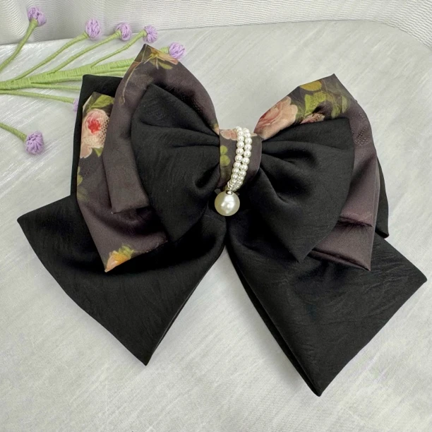 纯手工黑色拼接色百搭复古风头饰甜美学院风弹簧夹气质发夹