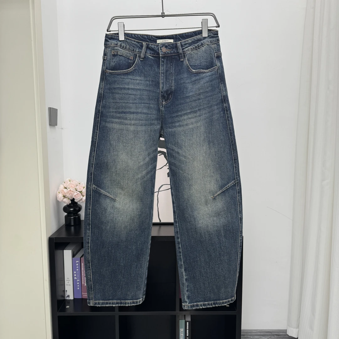 秋冬弹力柔软宽松弯刀裤男设计感秋季中腰水洗百搭男士牛仔7317F