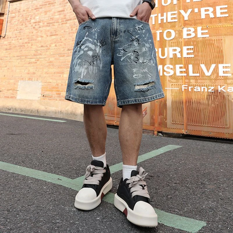 巴黎风个性破洞涂鸦牛仔五分裤男款小众设计感美式街头宽松五分裤