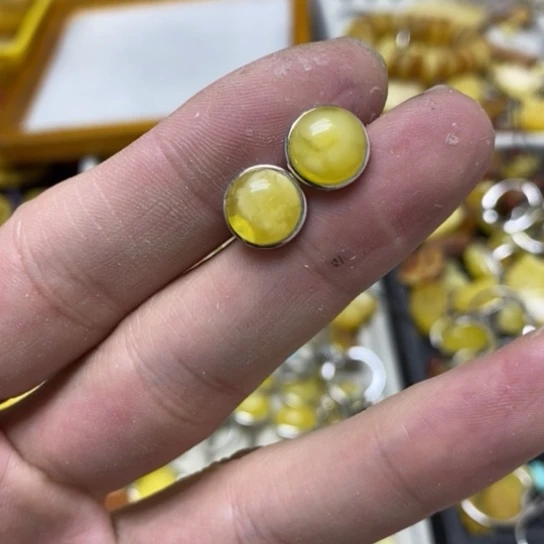 蜜蜡裸石银S925镶嵌耳钉