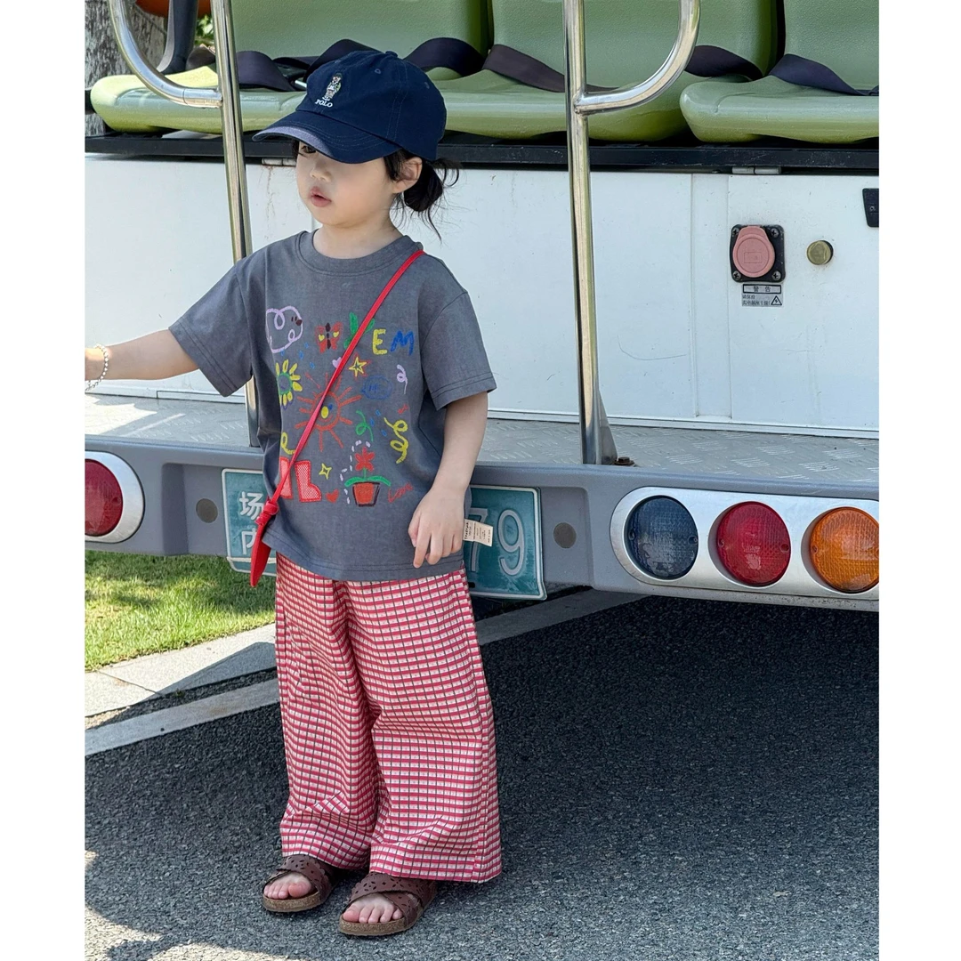 甜小七2025夏季女童洋气复古韩版印花短袖上衣格子休闲阔腿裤套装