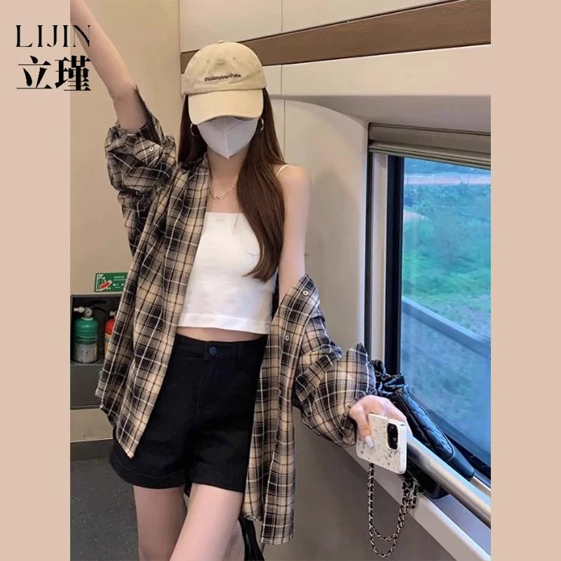 早秋法式格子衬衫外套女秋季2025新款覆古慵懒风宽松衬衫长袖上衣