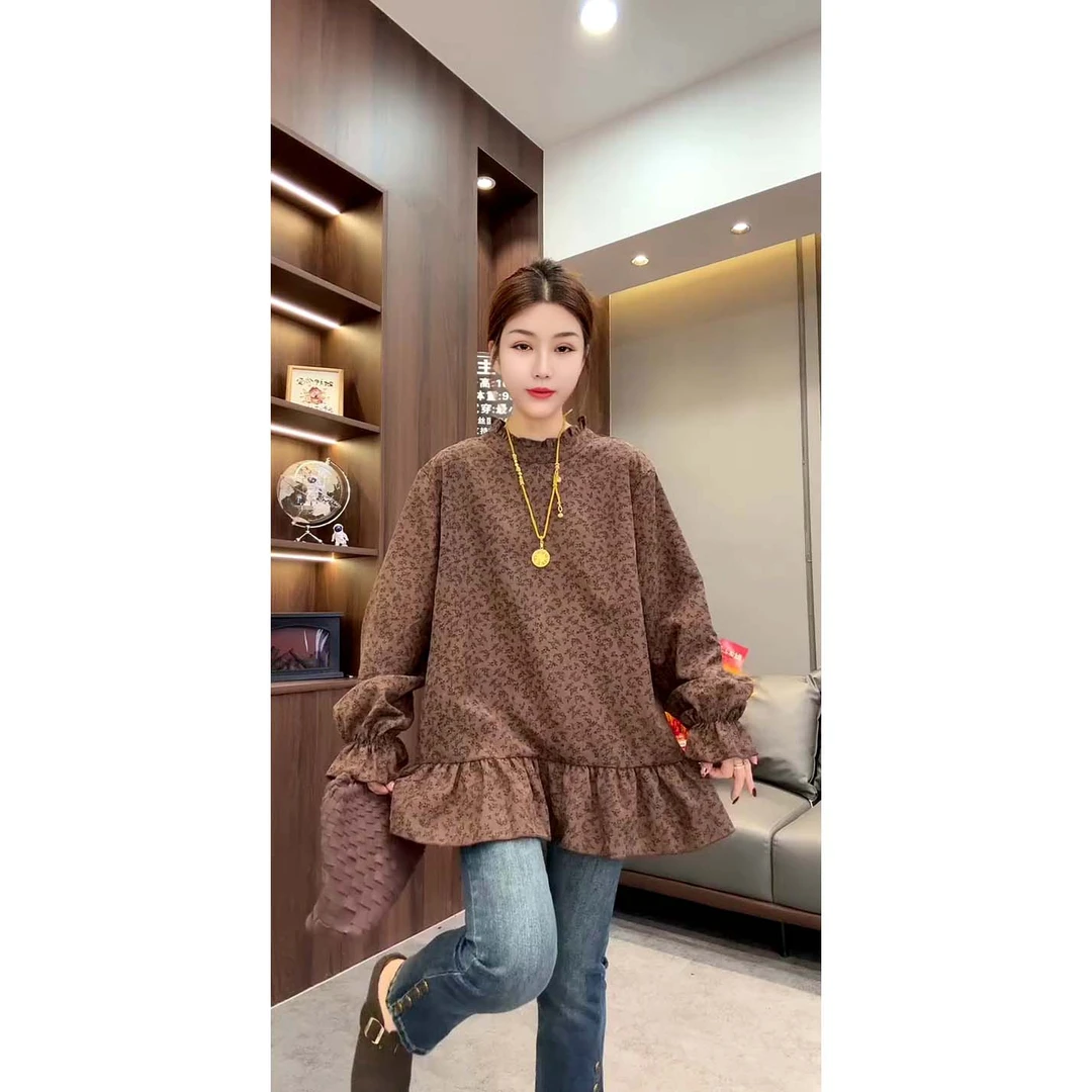 秋季新款时尚宽松百搭圆领拼接木耳花边碎花衬衫