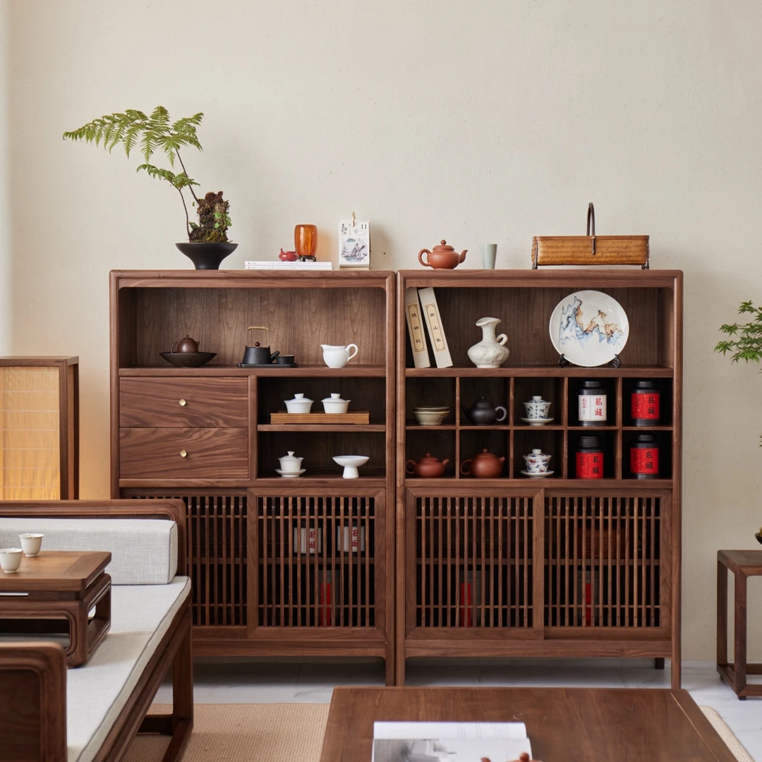 新中式黑胡桃木矮柜茶柜实木边柜小书柜博古架阳台茶室储物柜