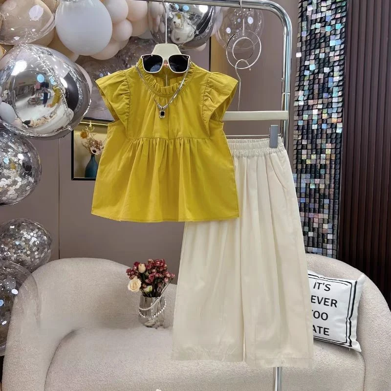 女童套装夏装2025新款儿童洋气飞袖娃娃衫中大童洋气九分裤两件套