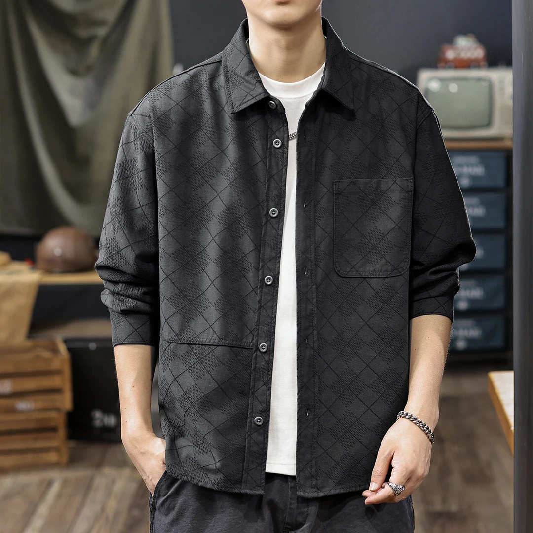 MR.MUDI/穆迪先生美式菱格提花长袖衬衫男士秋季新款宽松衬衣外套