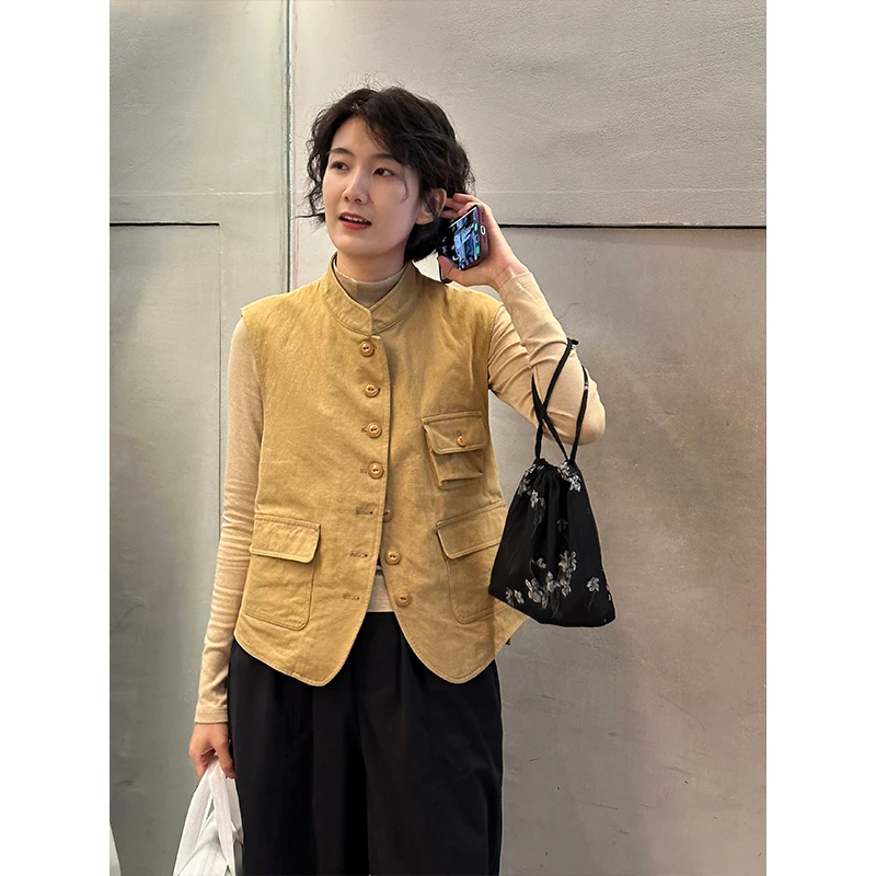 LANGQING 驼色设计感复古无袖马甲女秋装日系外穿马夹背心42551#