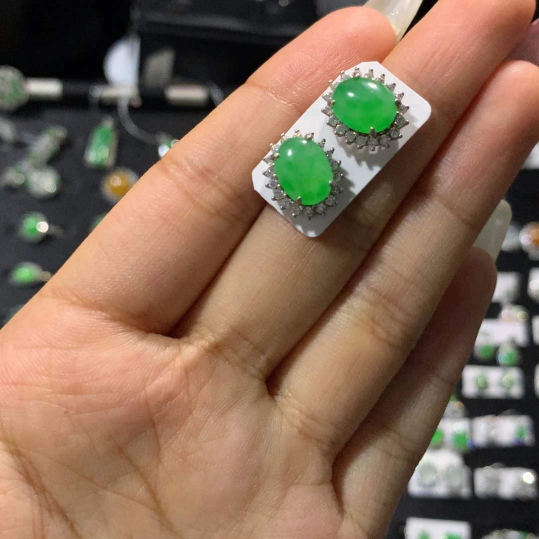 翡翠戒指银S925镶嵌耳钉